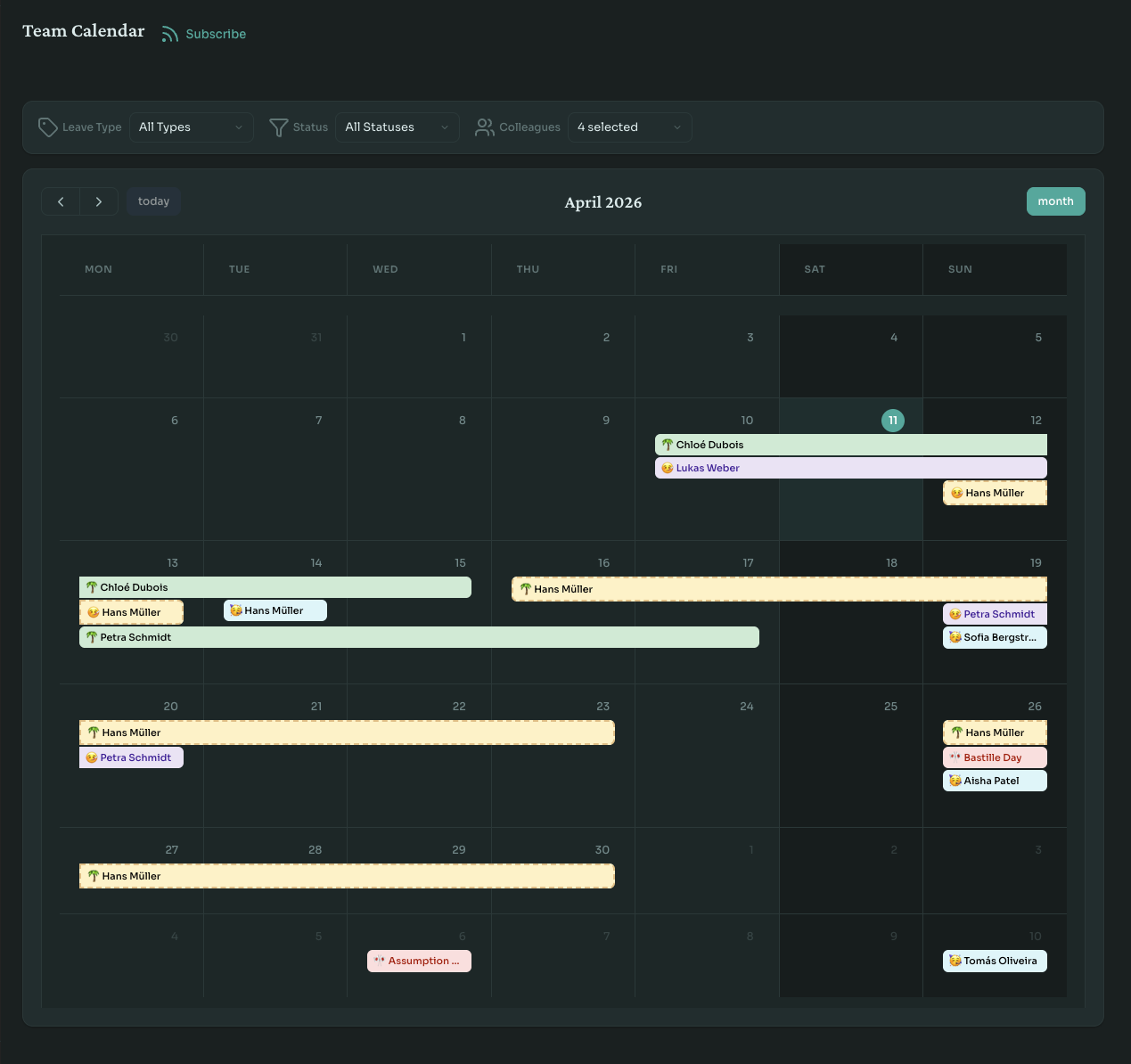Team Calendar view in Who's OOO showing approved leaves across multiple team members for April 2026 with colour-coded entries per employee