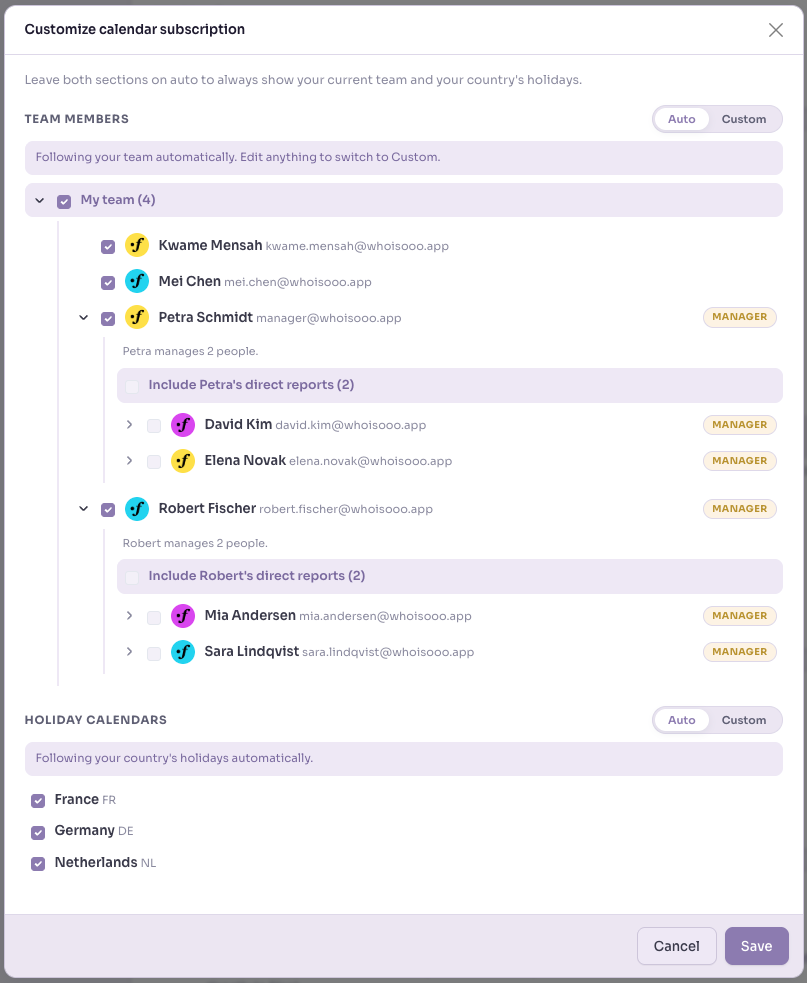 The calendar subscription customization modal in Who's OOO, with Auto and Custom toggles for team members and holiday calendars, a team tree showing who reports to whom, and France, Germany, and Netherlands selected as holiday calendars