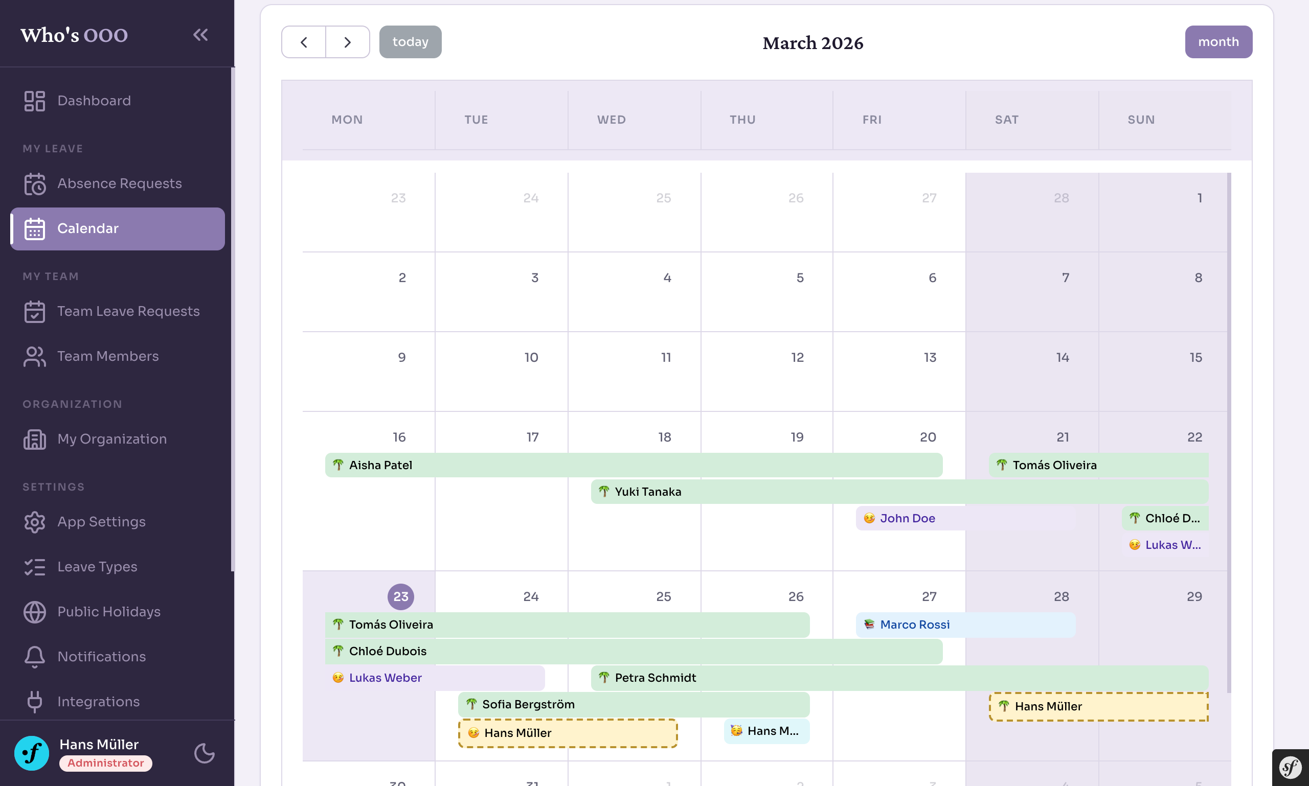 Team calendar view
