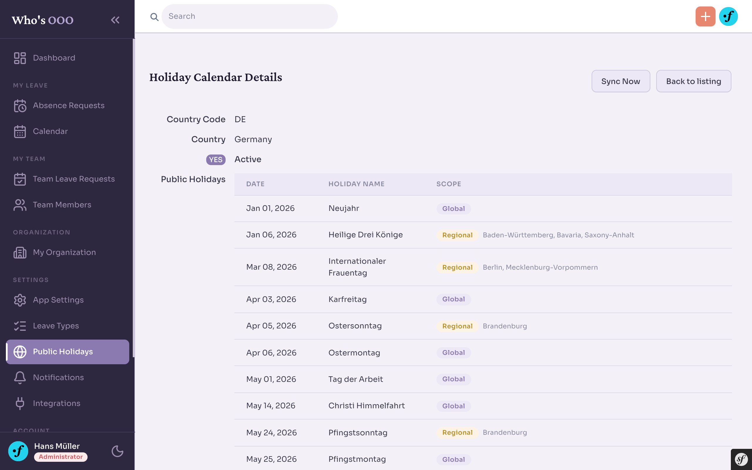 Holiday calendar details showing dates, names, and scope for global and regional holidays