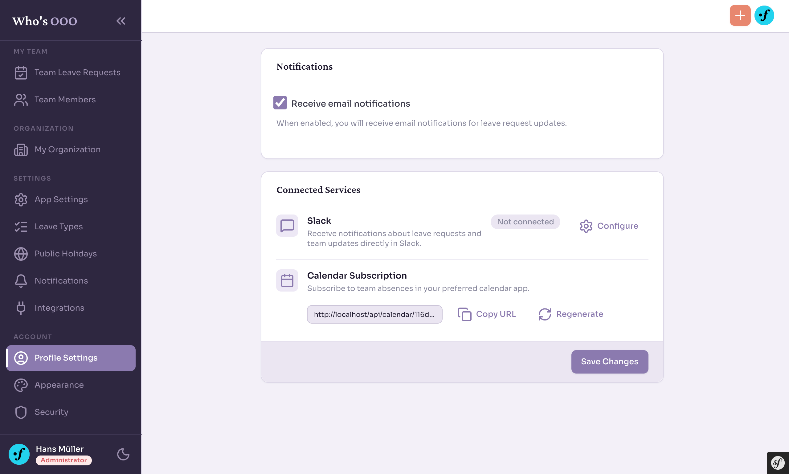Profile settings showing the Connected Services section with calendar subscription URL